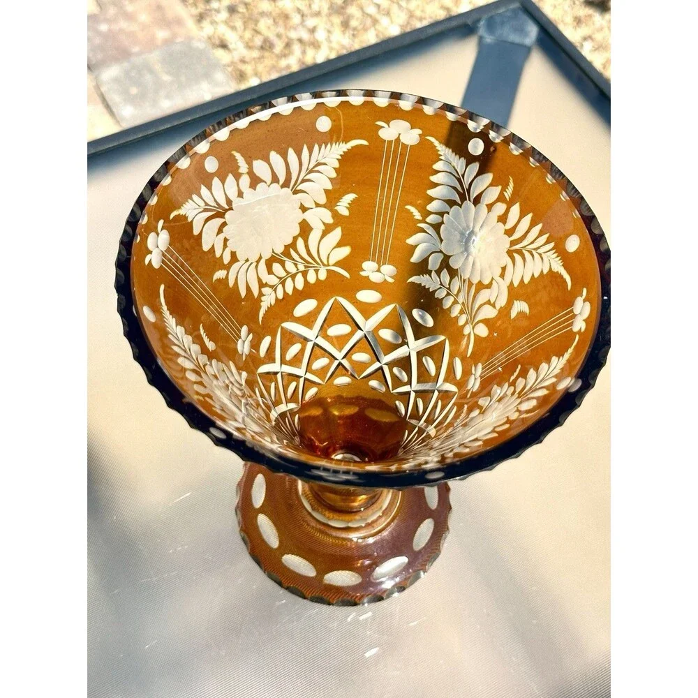 Vintage Bohemian Amber Flash Cut to Clear Glass Vase " Floral Engraved Czech - Picture 16 of 16